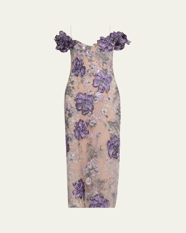 Off-Shoulder Floral Threadwork Cocktail Dress